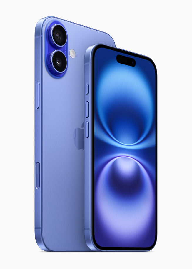 Două telefoane iPhone 16 în culoarea ultramarin, văzute din spate și din față