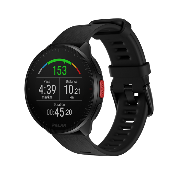Ceas sport Polar Pacer negru, cu ecran color și date de alergare: puls, ritm, distanță, durată