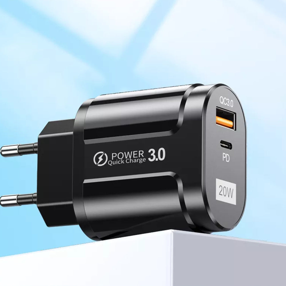 Incarcator Techsuit Premium (CHPD038), USB-A, QC 3.0, USB-C, 20W, Negru