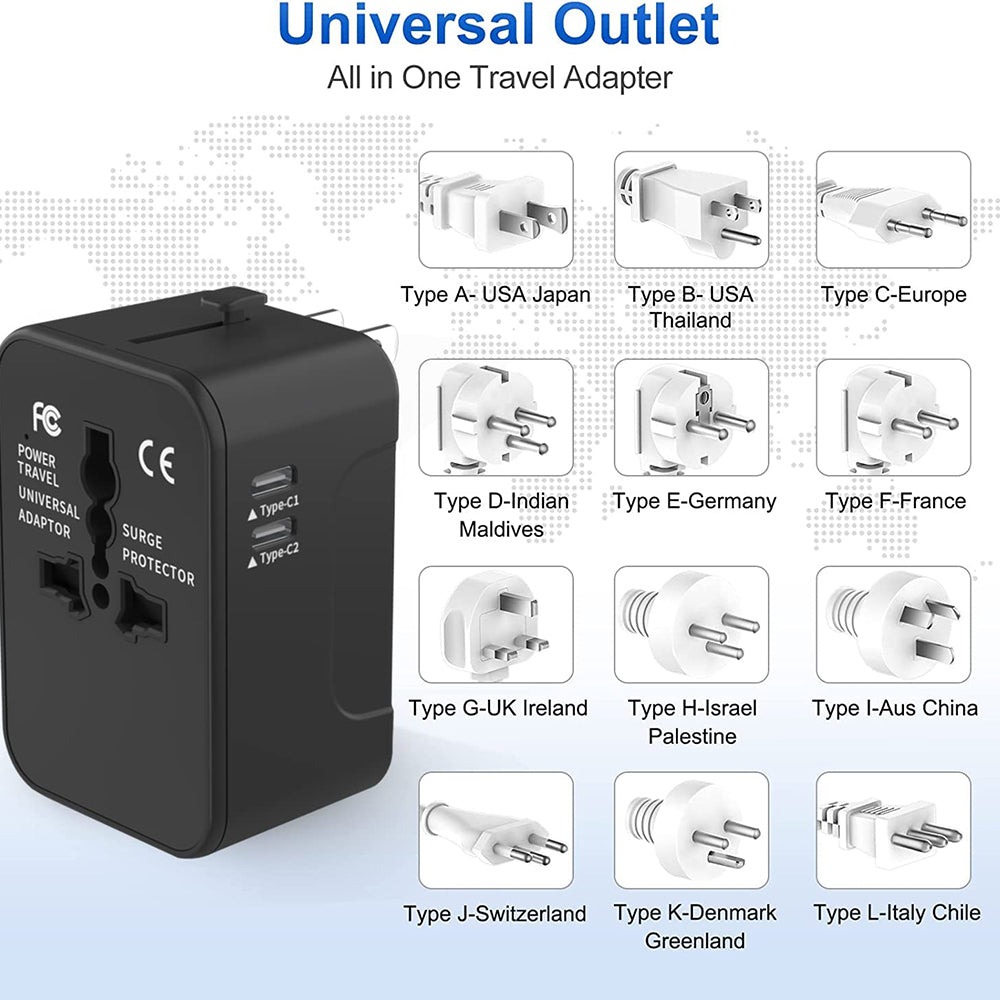 Incarcator Techsuit Travel Adapter (HHT202-2C), 2 x USB-C, EU, UK, AUS, US, Alb