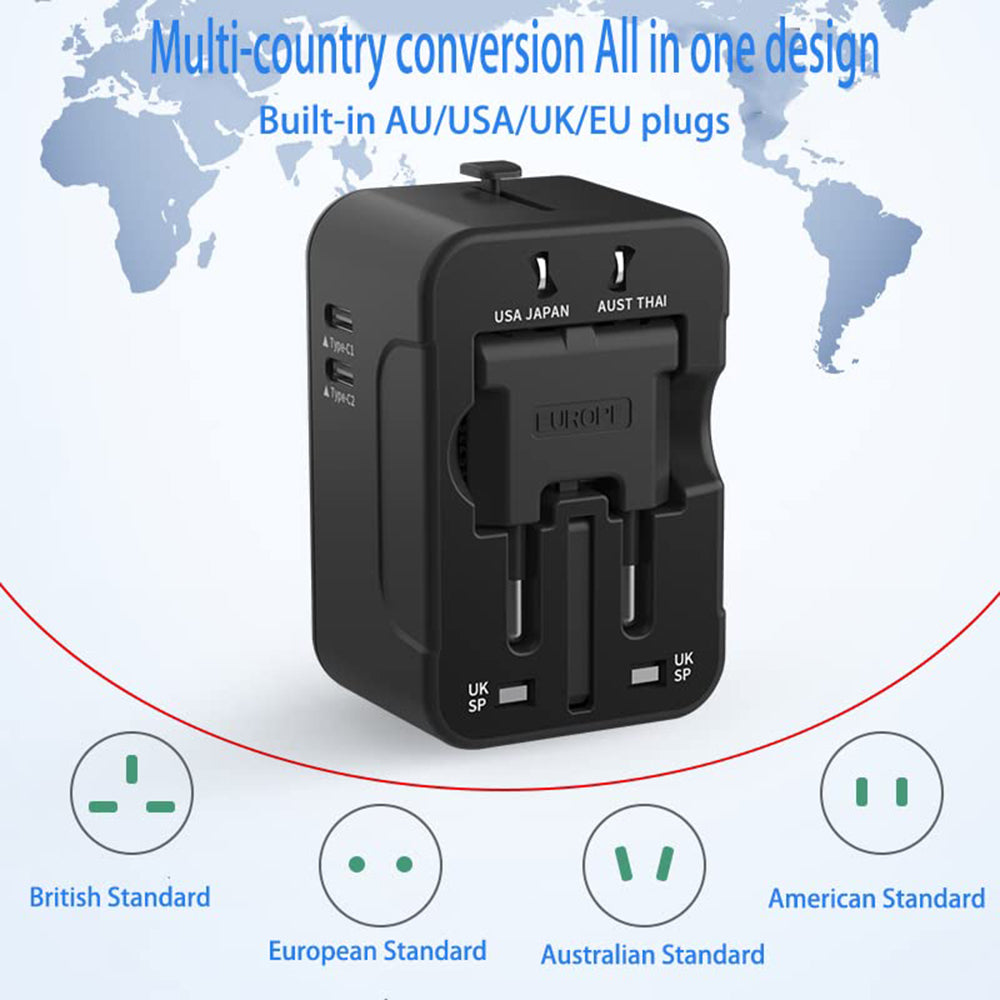 Incarcator Techsuit Travel Adapter (HHT202-2C), 2 x USB-C, EU, UK, AUS, US, Negru