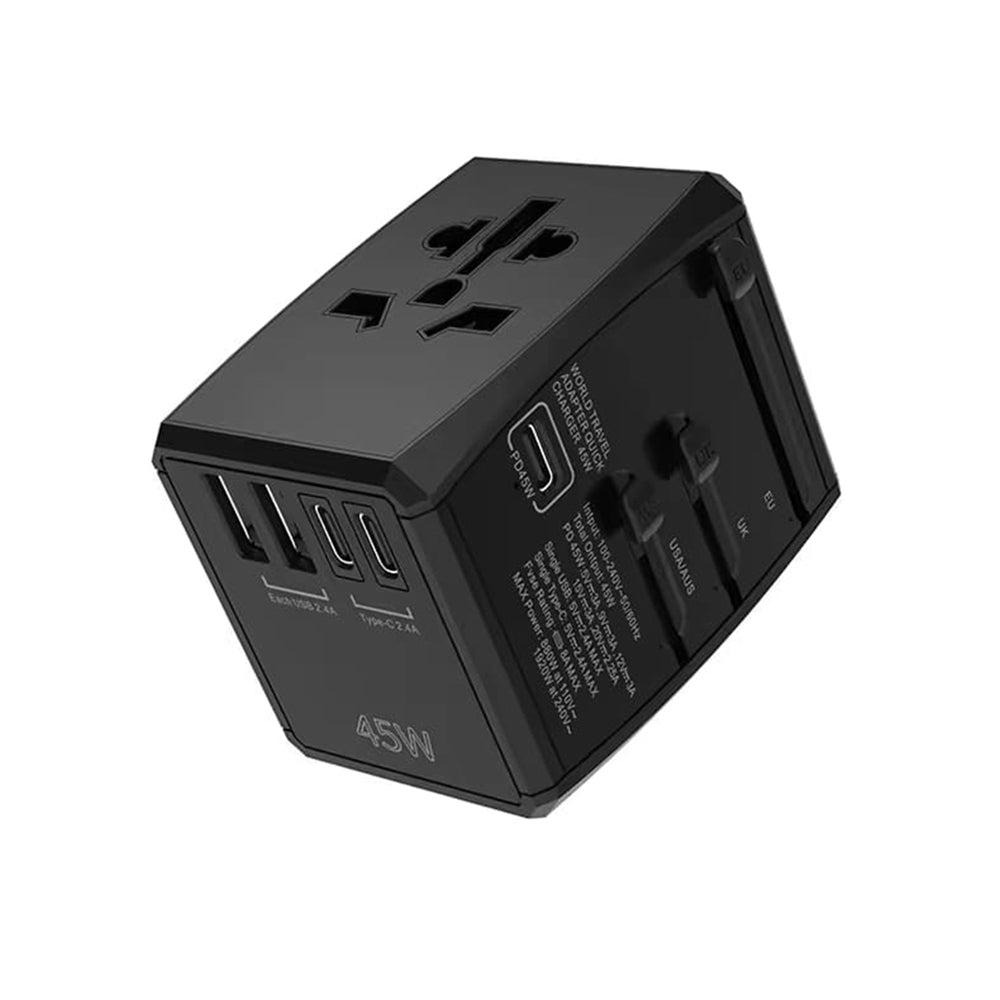 Incarcator Techsuit Travel Adapter (HHT905), PD45W, 2 x USB, 3 x Type-C, EU, UK, AUS, US, Negru