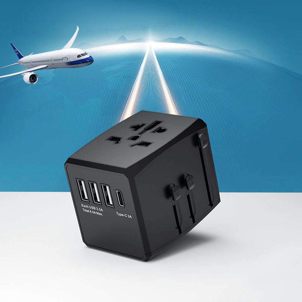 Incarcator Techsuit Travel Adapter (HHT904-B1), PD15W, 3 x USB, Type-C, EU, UK, AUS, US, Negru