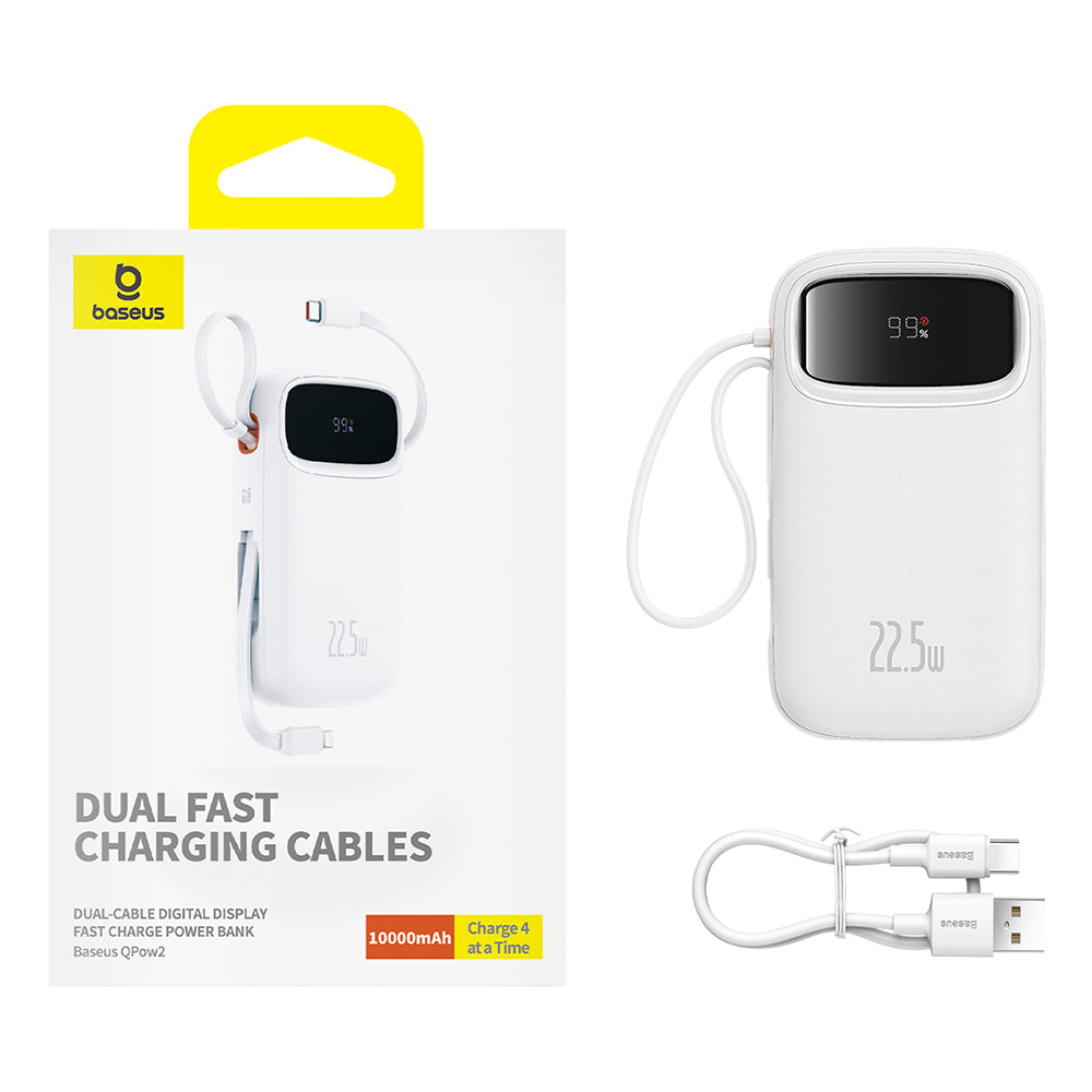Baterie externa Baseus Qpow Pro+ (P10055003223-00), Lightning, 2x Type-C, USB, 22.5W, 10000mAh, Cable Type-C, 30cm, Alb