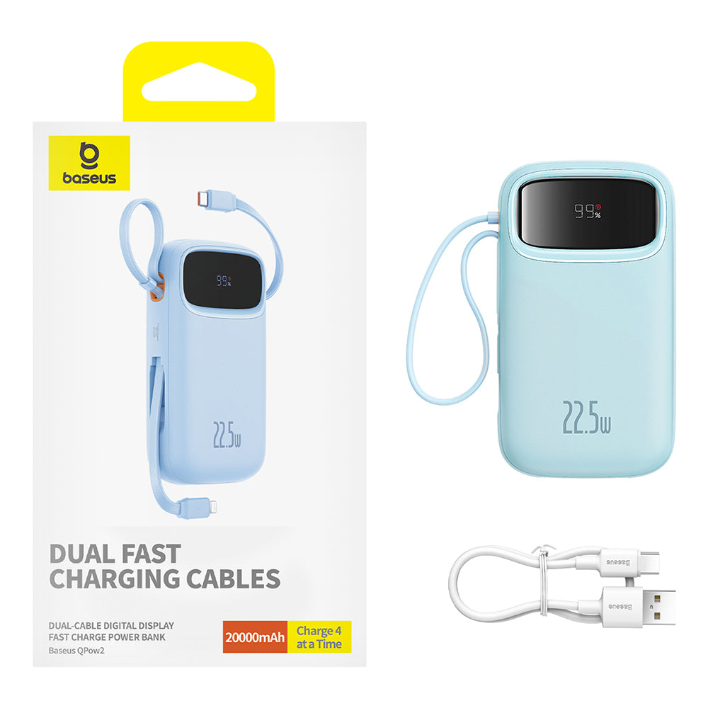 Baterie externa Baseus Qpow Pro+ (P10055002313-00), Lightning, 2x Type-C, USB, 22.5W, 20000mAh, Cable Type-C, 30cm, Albastru