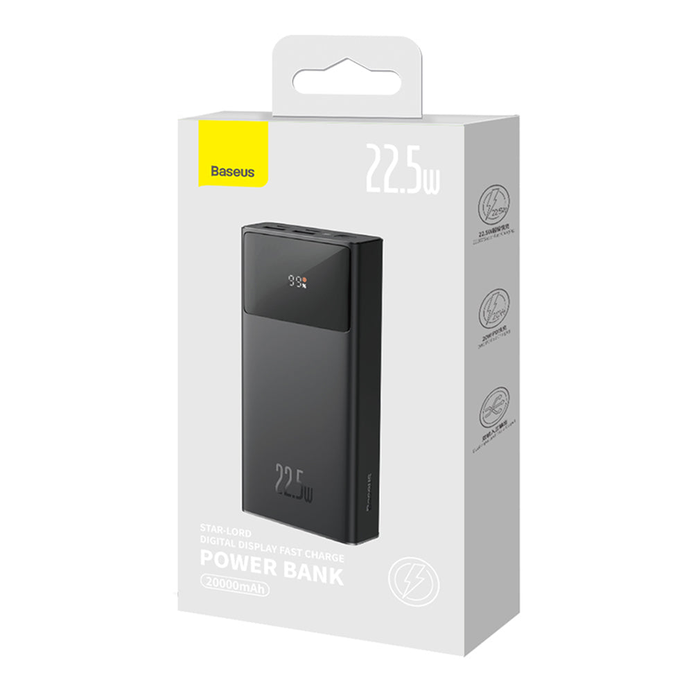 Baterie externa Baseus Star-Lord (PPXJ080001), 2x USB, Type-C, Micro-USB, 22.5W, 20000mAh, Cable Type-C, 3A, 30cm, Negru