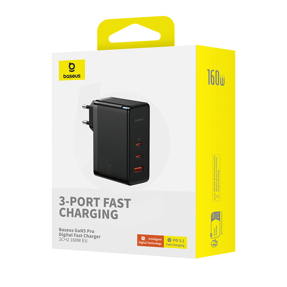 Incarcator Baseus GaN5 Pro Digital (P10110825113-00), Type-C Cable Included, Fast Charger, 2xType-C, USB, 160W, 240W, Negru