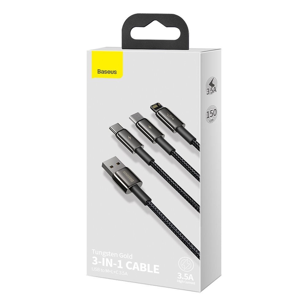 Cablu Baseus Tugsten Gold 3in1 (CAMLTWJ-01), USB to Type-C, Lightning, Micro-USB 3.5A, 1.5m, Negru