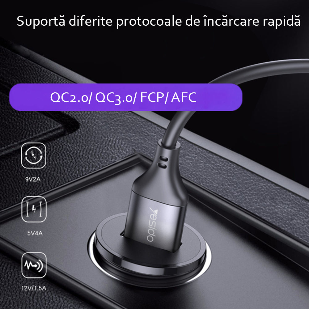 Incarcator Yesido Car (Y38), USB, QC3.0, FCP, AFC, 18W, 3A, Negru