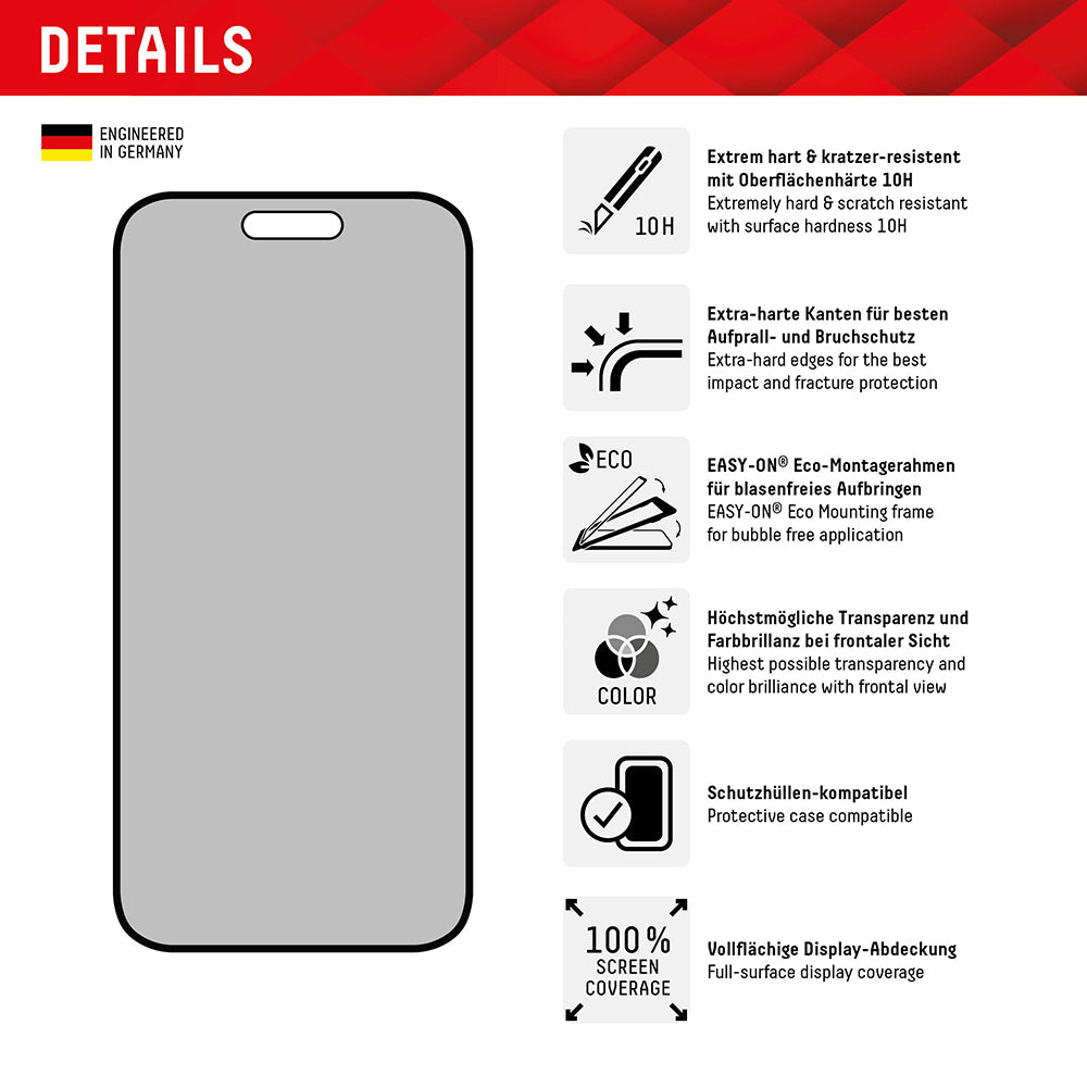 Folie de protectie Displex Premium Real Glass Privacy Full Cover compatibil cu iPhone 16 Plus, Negru