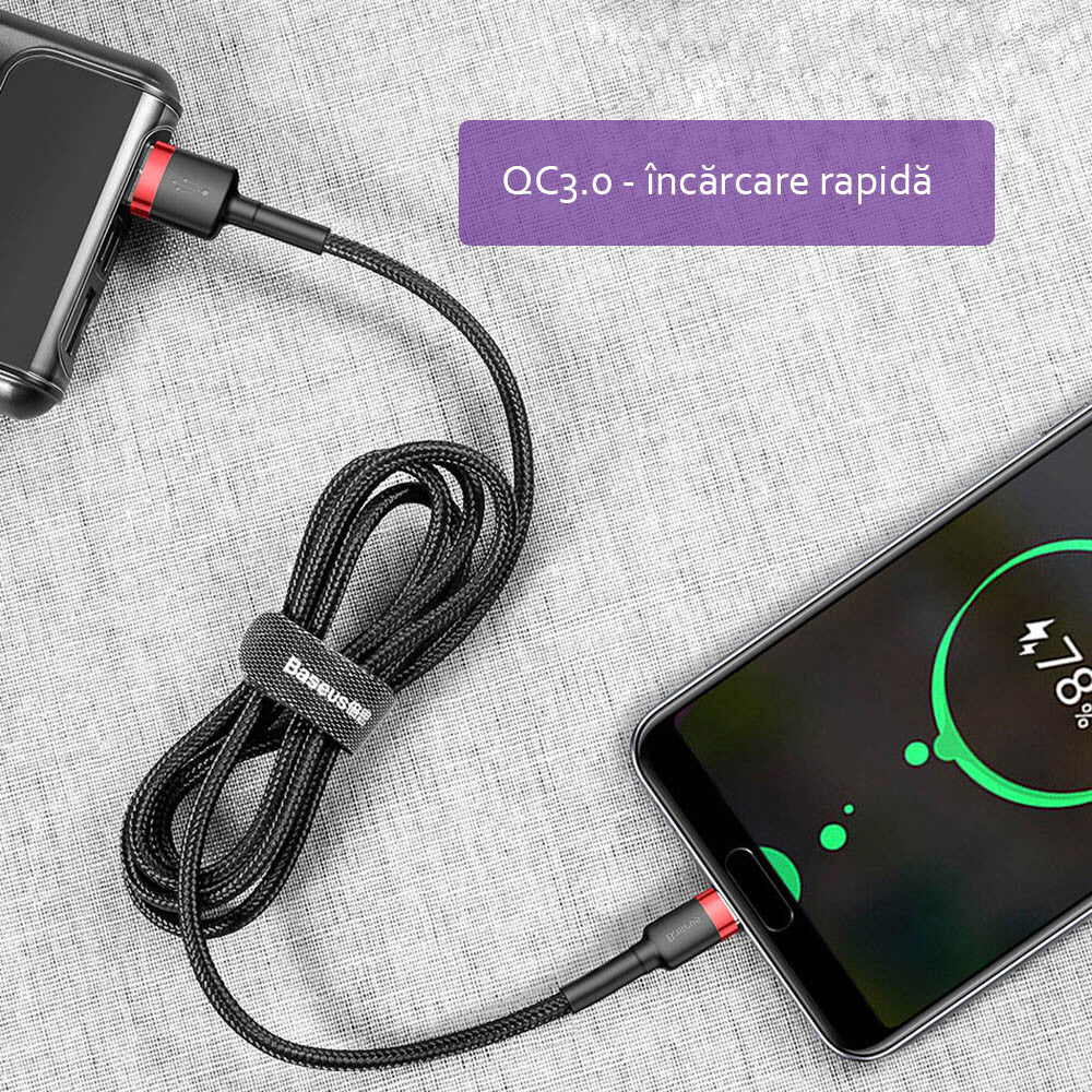 Cablu Baseus Cafule (CATKLF-B91), USB-C, 3A, 1m, Negru