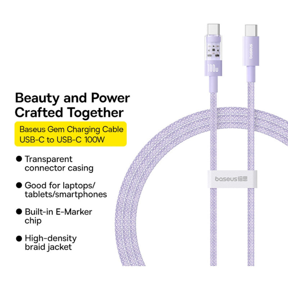 Cablu Baseus Gem (P10373000511-00), Type-C to Type-C, Super Fast Charging 100W, 1m, Nebula Purple