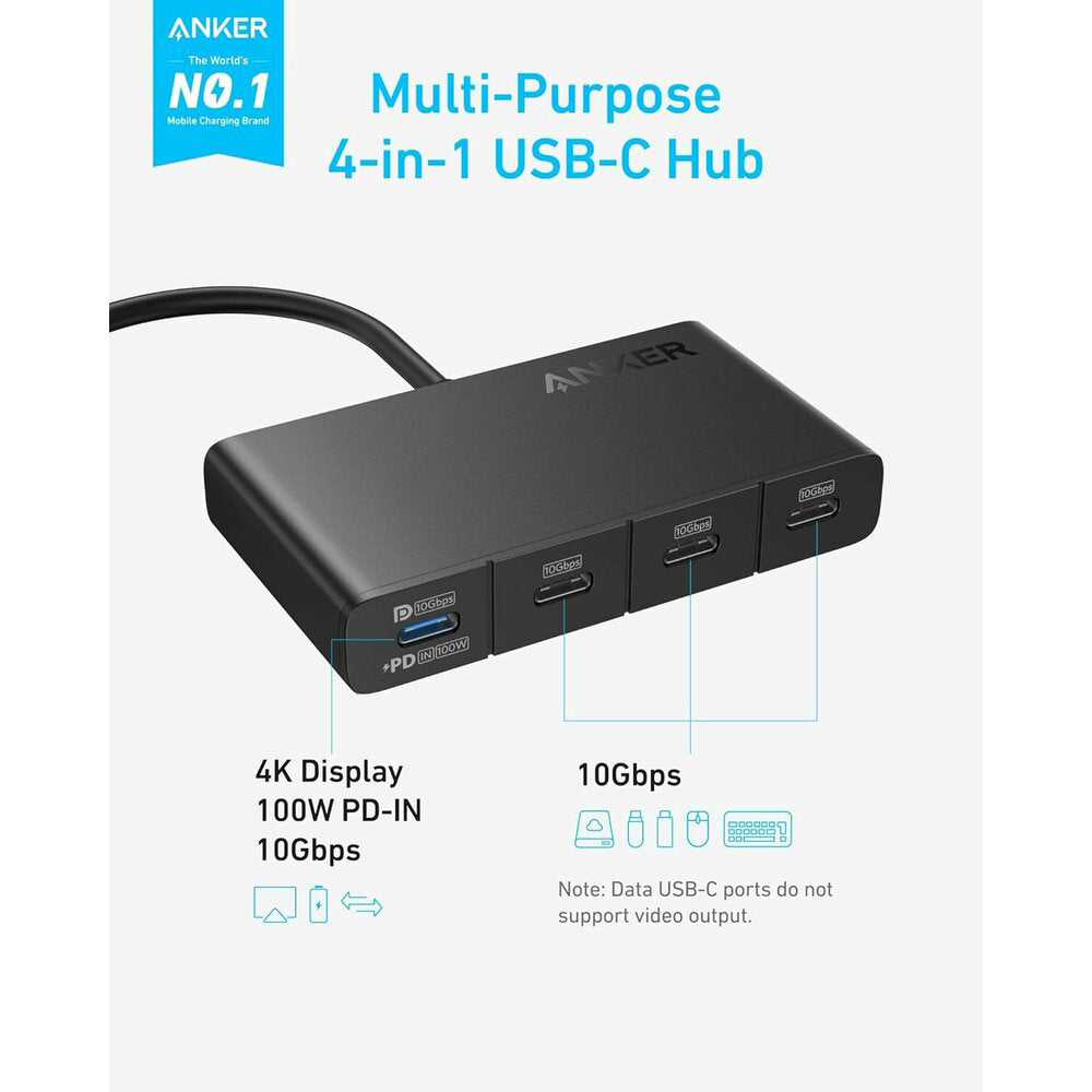 Hub Anker A8340GA1, 4x Type-C 10Gbps, 100W PD, Negru