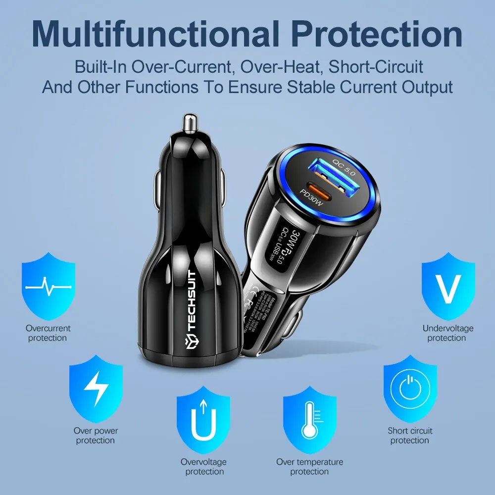 Incarcator Techsuit Car Premium (TE-022), USB-A QC5.0 30W, USB-C PD30W, Total 60W, LED Light, Negru