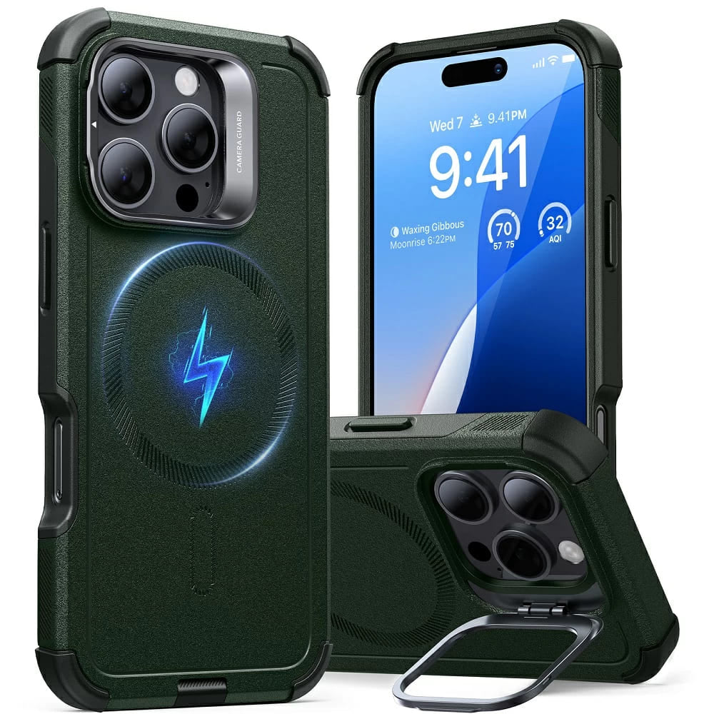 Husa de protectie ESR Cyber Armor Kickstand compatibil cu iPhone 16 Pro Max, Verde