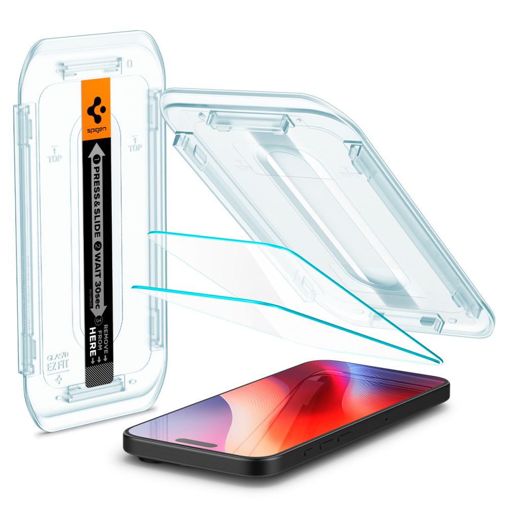 Folie de protectie Spigen (set de 2) Glas.tR EZ-FIT (AGL07928) compatibil cu iPhone 16 Pro / iPhone 17 / iPhone 17 Pro, Transparent