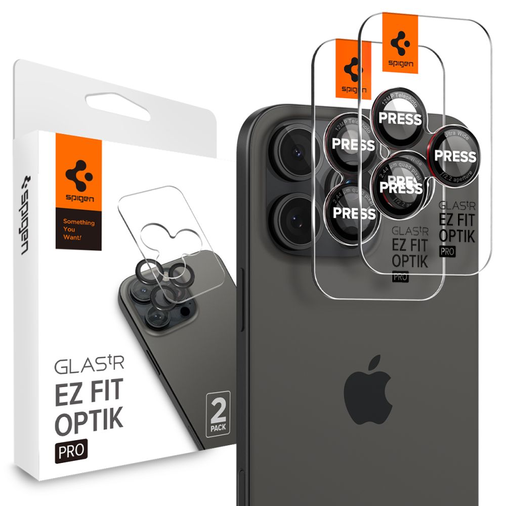 Folie de protectie Spigen (set de 2) Optik.tR EZ Fit Pro Camera Glass (AGL05217) compatibil cu iPhone 14 Pro/Max/15 Pro/Max/16 Pro/Max/17 Pro/Max, Negru