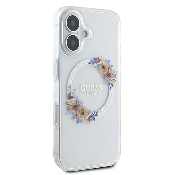 Husa de protectie Guess IML Flowers Wreath MagSafe (GUHMP16MHFWFCT) compatibil cu iPhone 16 Plus, Transparent