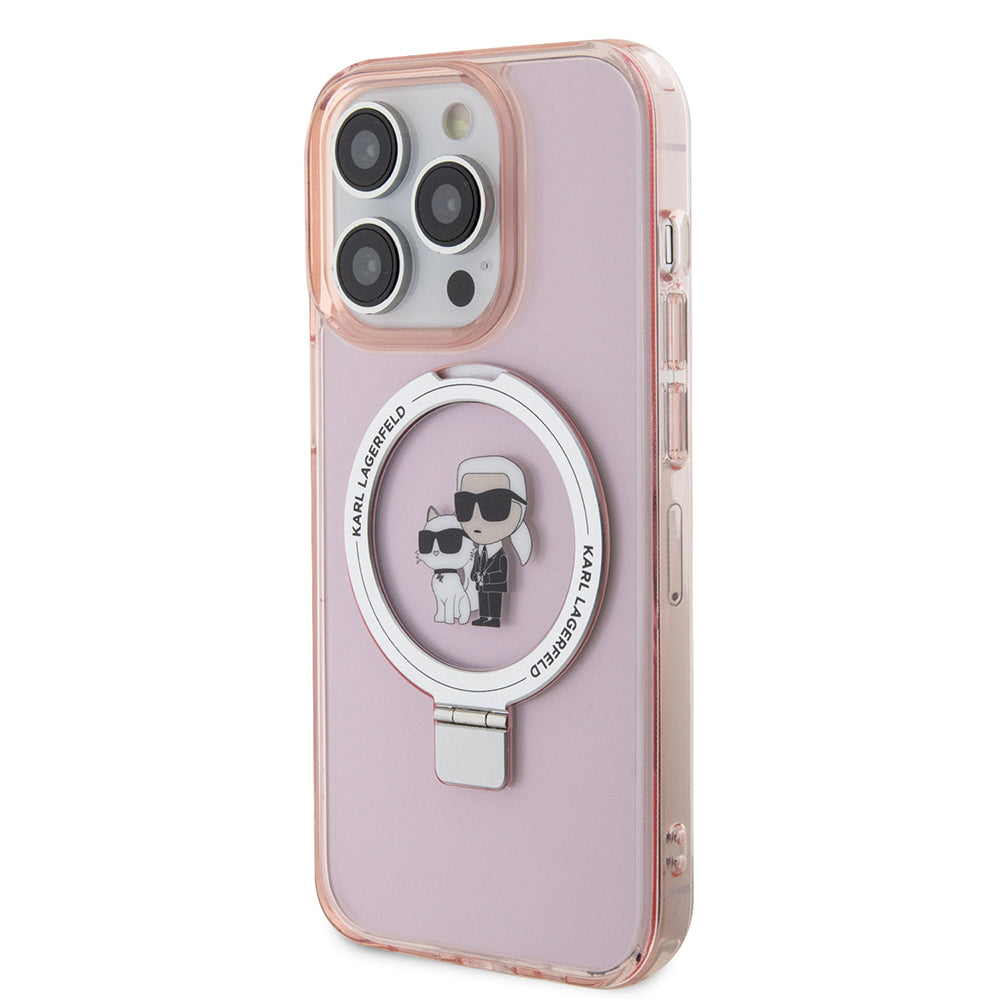 Husa de protectie Karl Lagerfeld Hardcase Ring Stand MagSafe (KLHMP15XHMRSKCP) compatibil cu iPhone 15 Pro Max, Roz Karl&Choupette