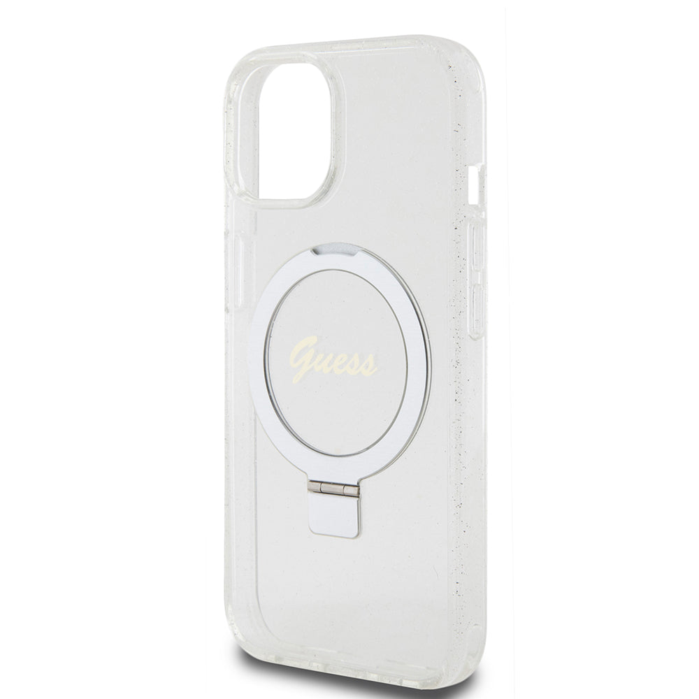 Husa de protectie Guess Ring Stand Script Glitter MagSafe (GUHMP15SHRSGSD) compatibil cu iPhone 15, Transparent
