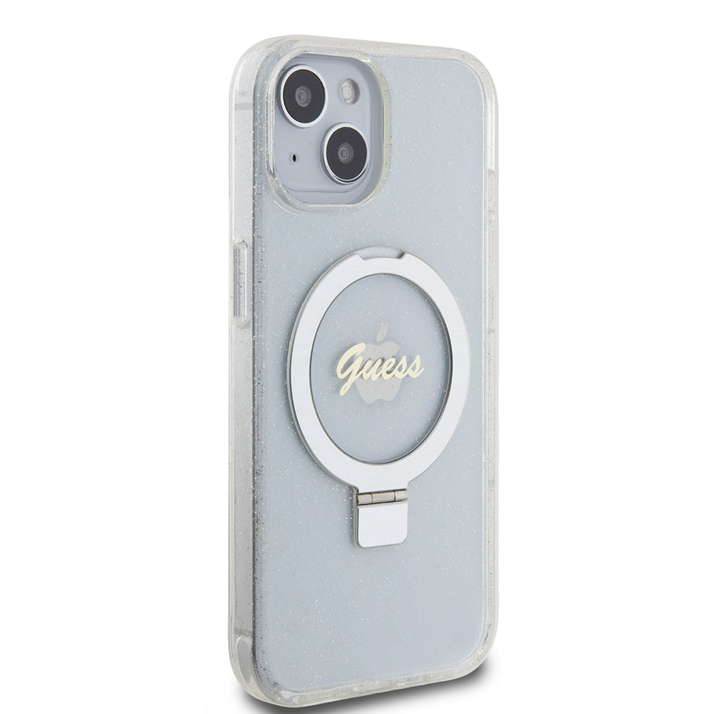 Husa de protectie Guess Ring Stand Script Glitter MagSafe (GUHMP15SHRSGSD) compatibil cu iPhone 15, Transparent