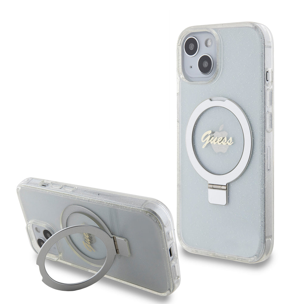 Husa de protectie Guess Ring Stand Script Glitter MagSafe (GUHMP15SHRSGSD) compatibil cu iPhone 15, Transparent