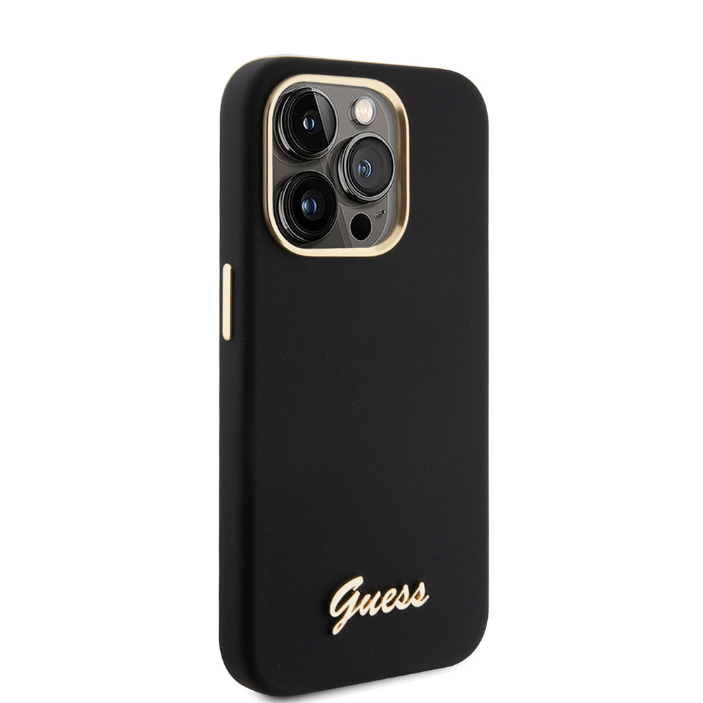 Husa de protectie Guess Silicone Script Metal Logo & Frame (GUHCP15LSMBSLK) compatibil cu iPhone 15 Pro, Negru