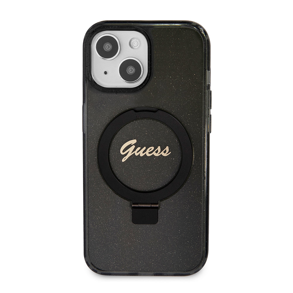Husa de protectie Guess Ring Stand Script Glitter MagSafe (GUHMP15SHRSGSK) compatibil cu iPhone 15, Negru
