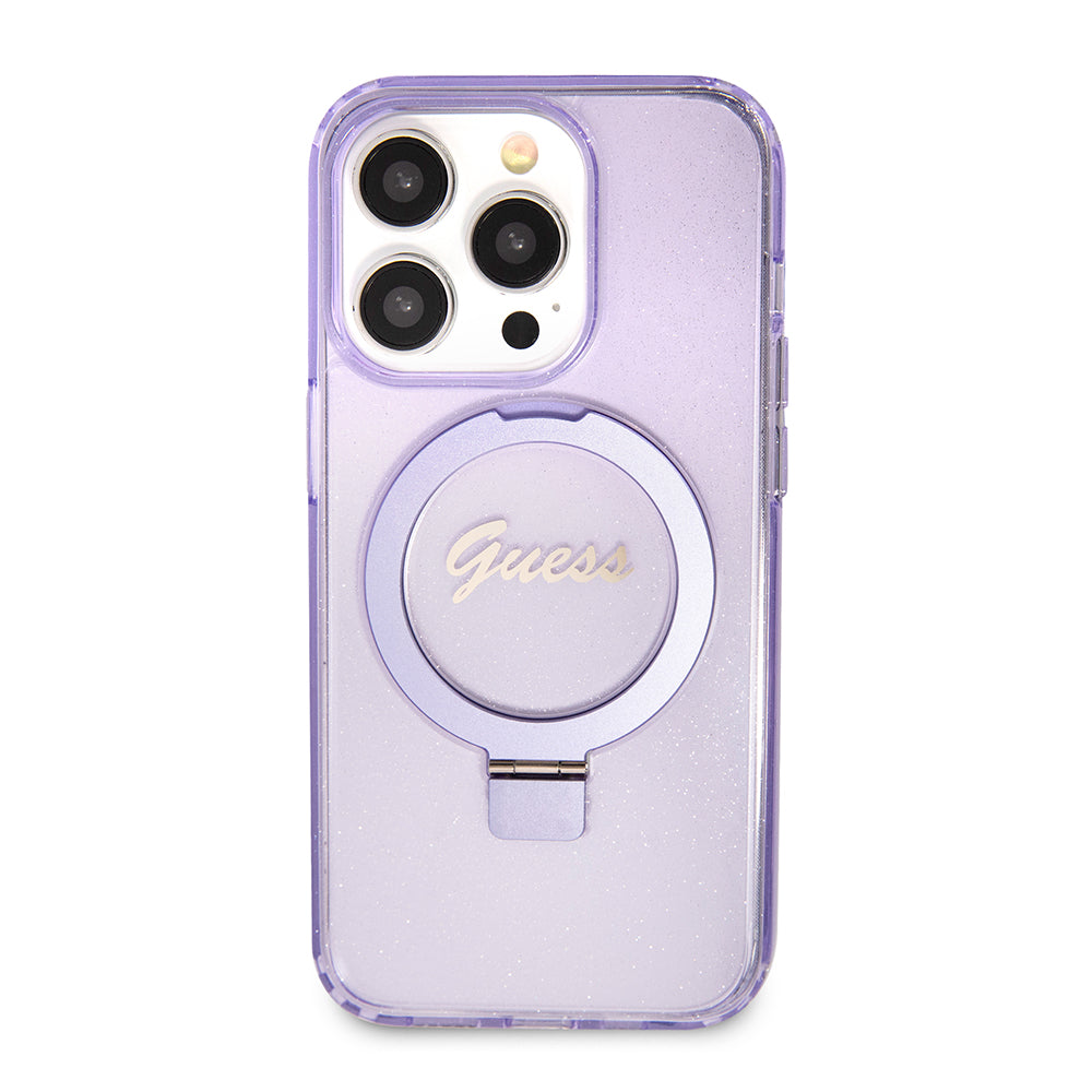 Husa de protectie Guess Ring Stand Script Glitter MagSafe compatibil cu iPhone 15 Pro (GUHMP15LHRSGSU), Mov