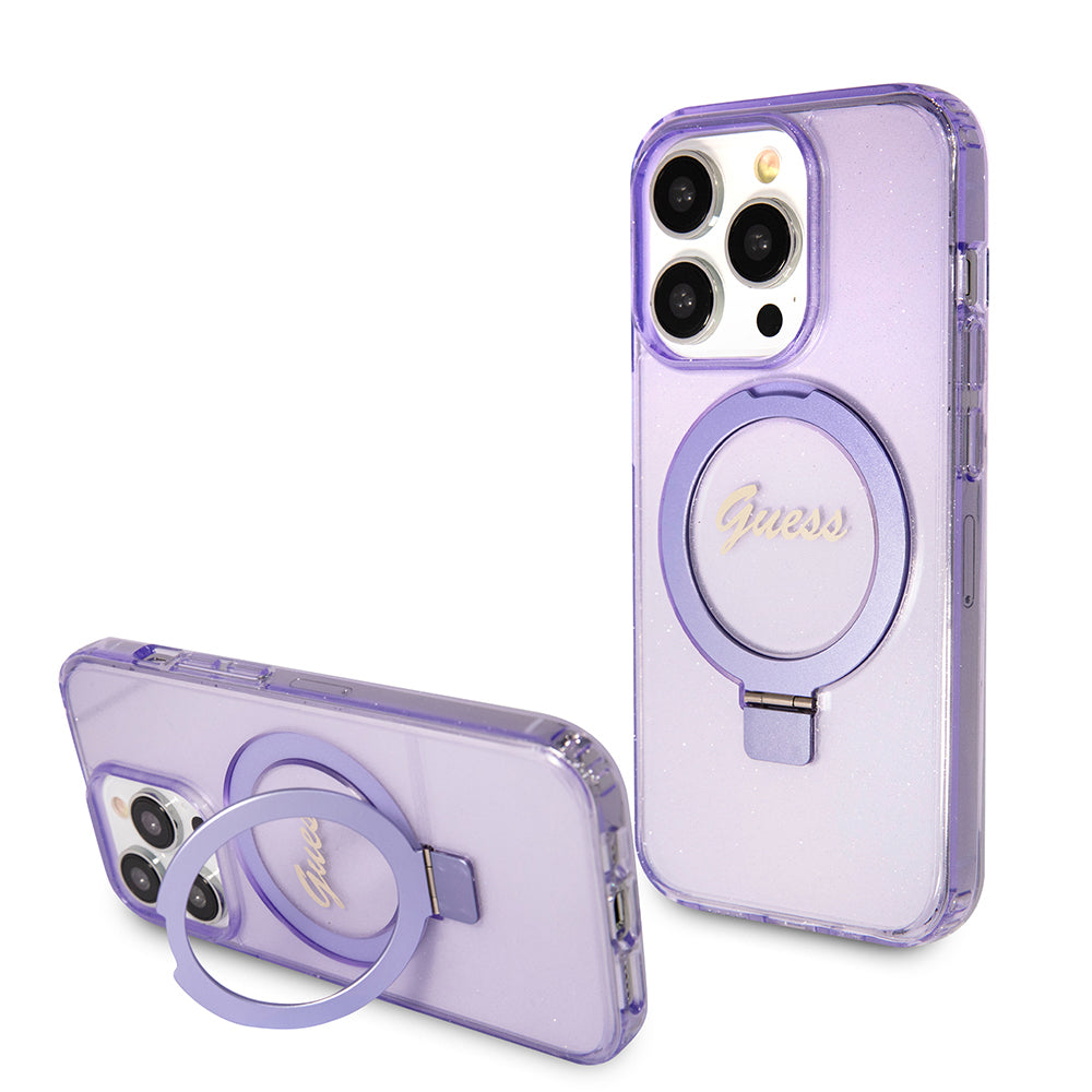 Husa de protectie Guess Ring Stand Script Glitter MagSafe compatibil cu iPhone 15 Pro (GUHMP15LHRSGSU), Mov