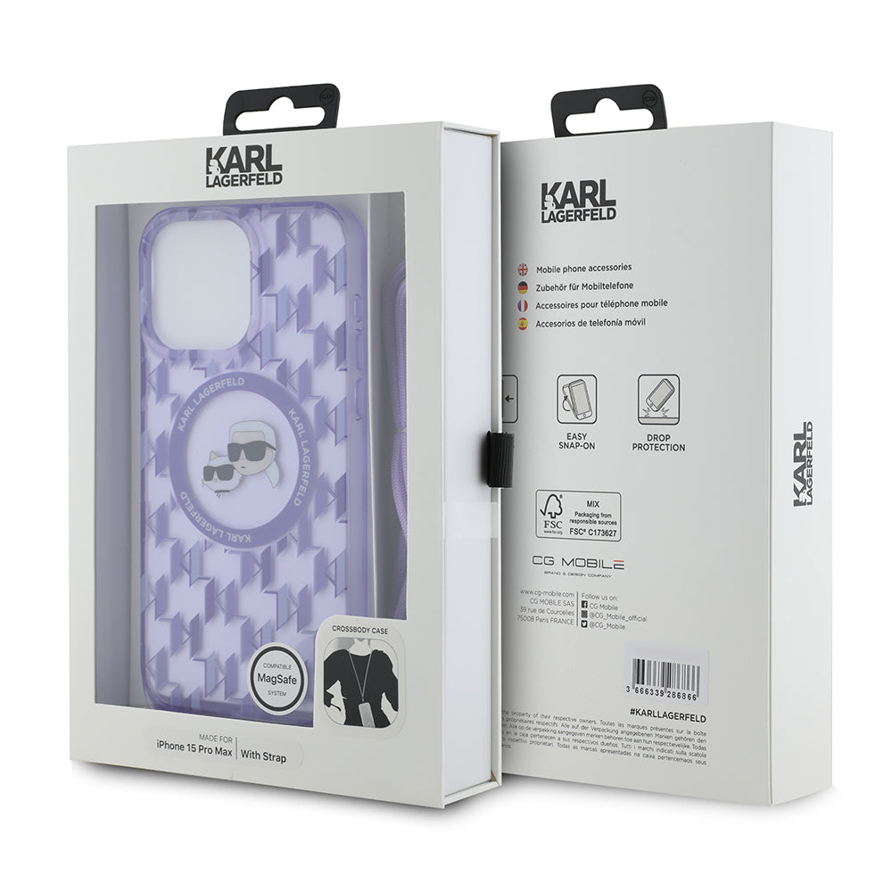 Husa de protectie Karl Lagerfeld IML Crossbody MagSafe (KLHMP15XHCKCKLCU) compatibil cu iPhone 15 Pro Max, Mov Monogram Karl&Choupette Head