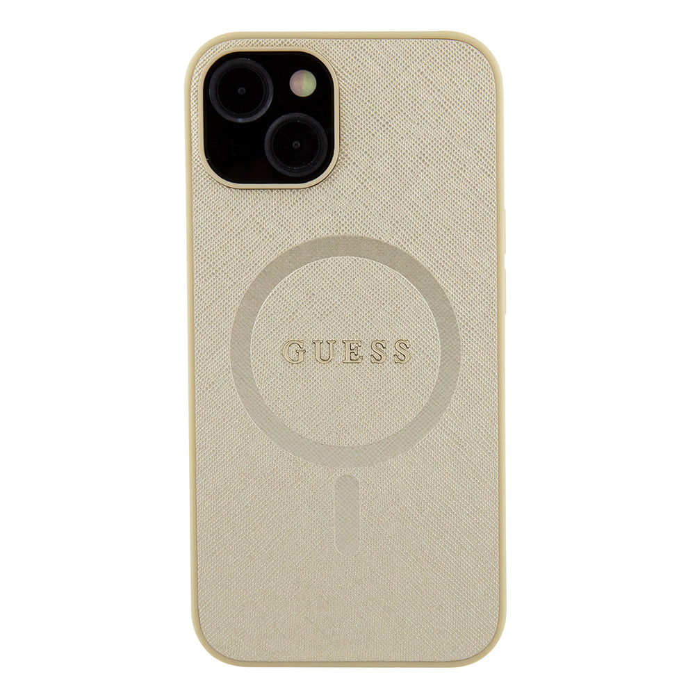 Husa de protectie Guess Saffiano MagSafe (GUHMP15MPSAHMCB) compatibil cu iPhone 15 Plus, Auriu