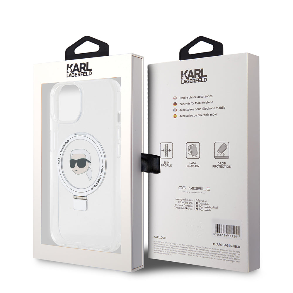 Husa de protectie Karl Lagerfeld Hardcase Ring Stand MagSafe (KLHMP15SHMRSKHH) compatibil cu iPhone 15, Alb Karl Head