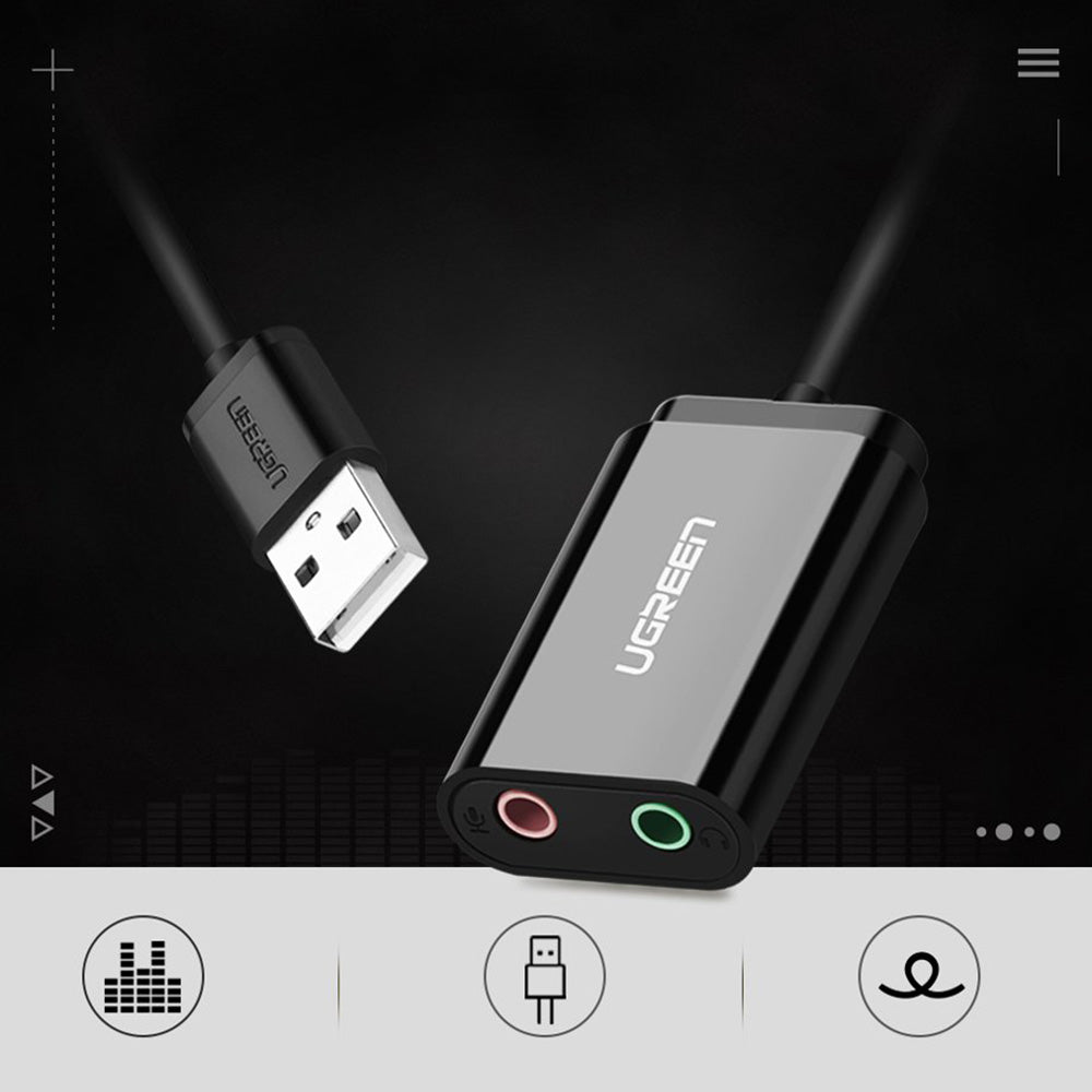 Adaptor Ugreen External Sound Adapter US205 (30724), USB2.0 to Headphone Jack, Microphone Jack, Immersive Effects, 0.2m, Negru