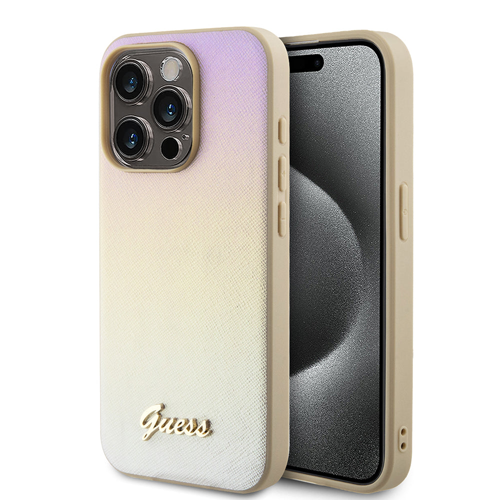 Husa de protectie Guess Saffiano Iridescent Script (GUHCP15LPSAIRSD) compatibil cu iPhone 15 Pro, Auriu