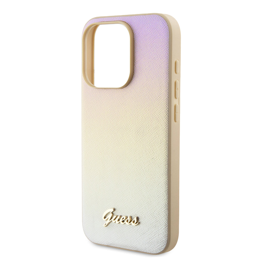 Husa de protectie Guess Saffiano Iridescent Script (GUHCP15LPSAIRSD) compatibil cu iPhone 15 Pro, Auriu