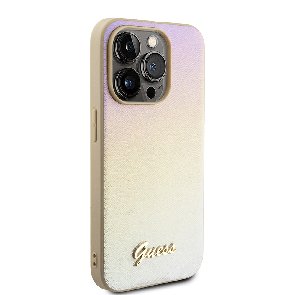 Husa de protectie Guess Saffiano Iridescent Script (GUHCP15LPSAIRSD) compatibil cu iPhone 15 Pro, Auriu
