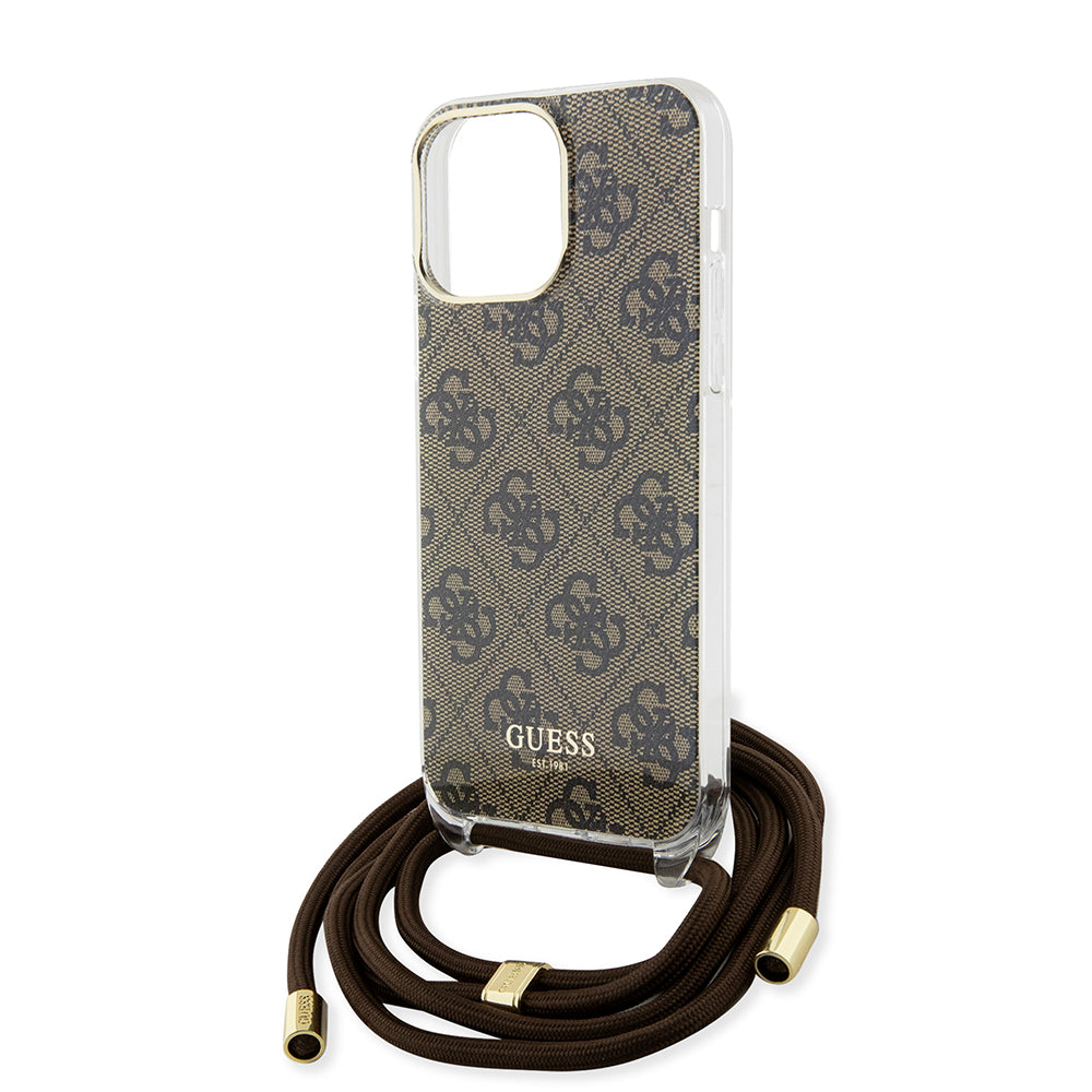 Husa de protectie Guess Crossbody Cord 4G Print (GUHCP15LHC4SEW) compatibil cu iPhone 15 Pro, Maro