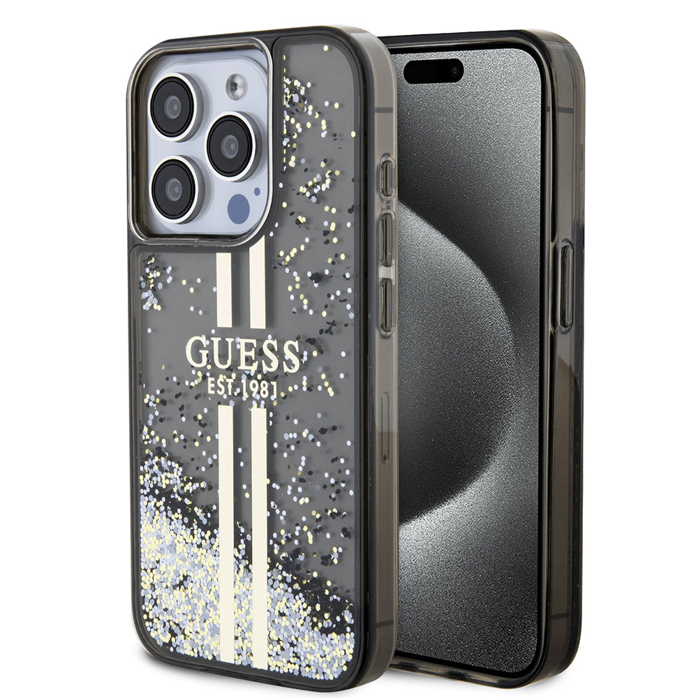 Husa de protectie Guess Liquid Glitter Gold Stripes (GUHCP15LLFCSEGK) compatibil cu iPhone 15 Pro, Negru