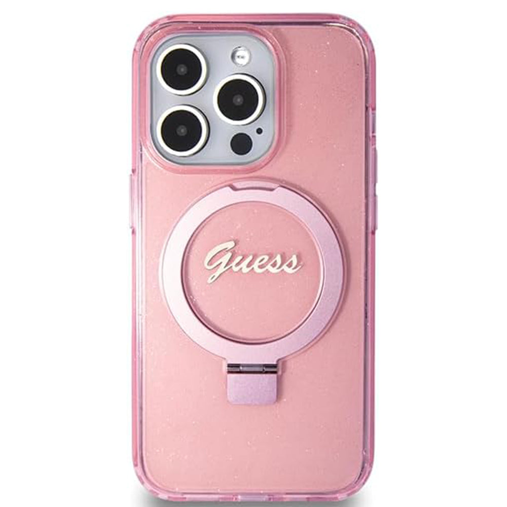 Husa de protectie Guess Ring Stand Script Glitter MagSafe (GUHMP15LHRSGSP) compatibil cu iPhone 15 Pro, Roz