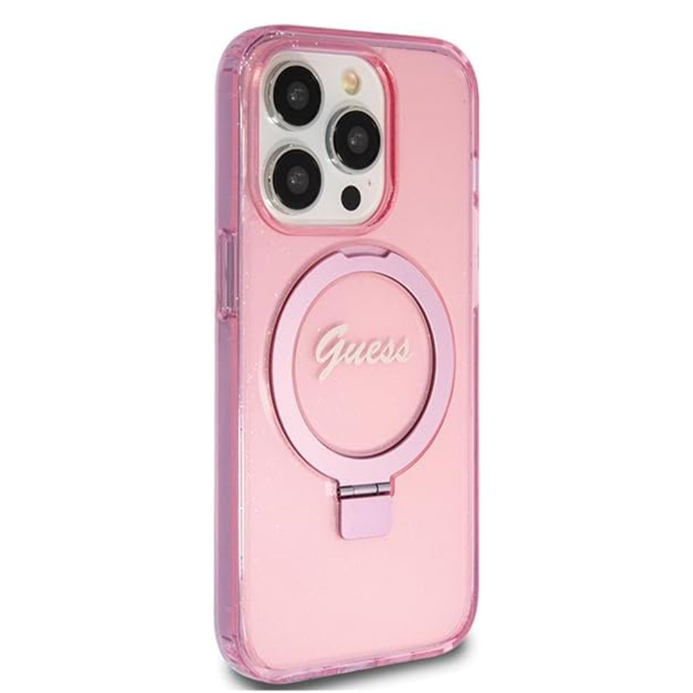 Husa de protectie Guess Ring Stand Script Glitter MagSafe (GUHMP15LHRSGSP) compatibil cu iPhone 15 Pro, Roz