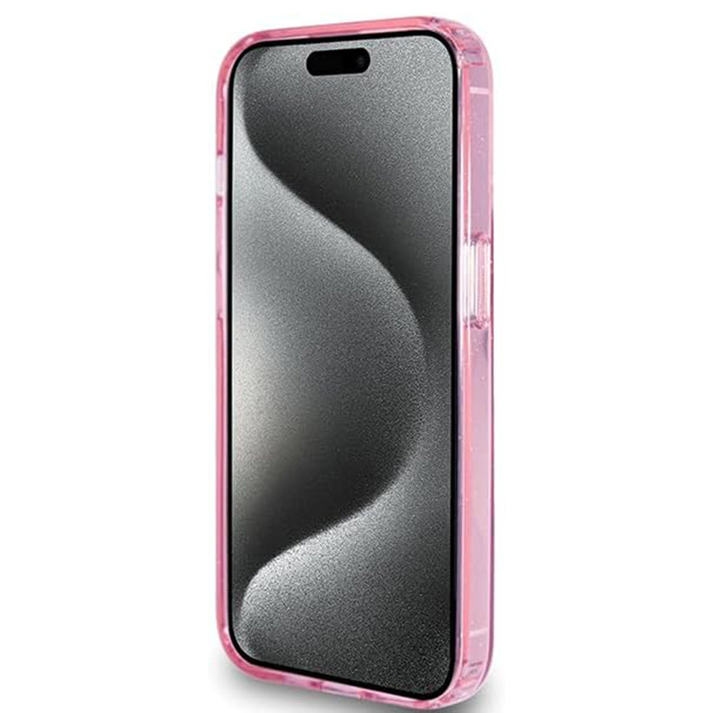Husa de protectie Guess Ring Stand Script Glitter MagSafe (GUHMP15LHRSGSP) compatibil cu iPhone 15 Pro, Roz