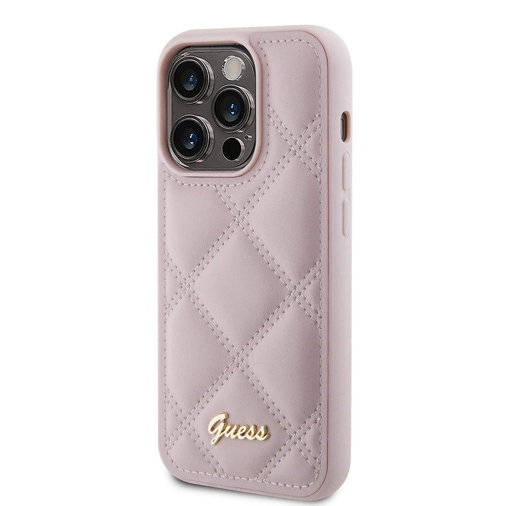 Husa de protectie Guess Quilted Metal Logo (GUHCP15XPSQSQSP) compatibil cu iPhone 15 Pro Max, Roz