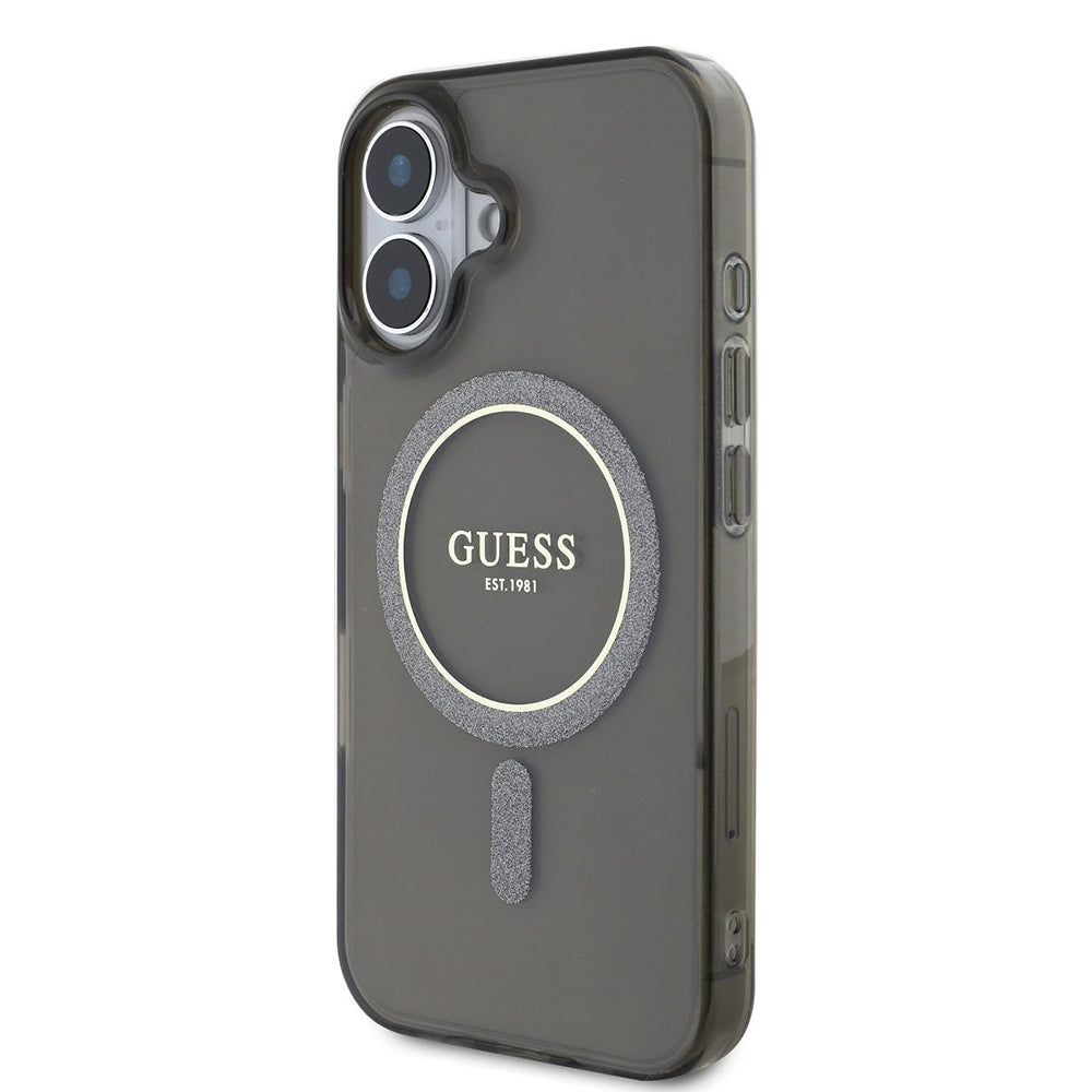 Husa de protectie Guess IML Glitter Circle MagSafe (GUHMP16SHFGEREK) compatibil cu iPhone 16, Negru
