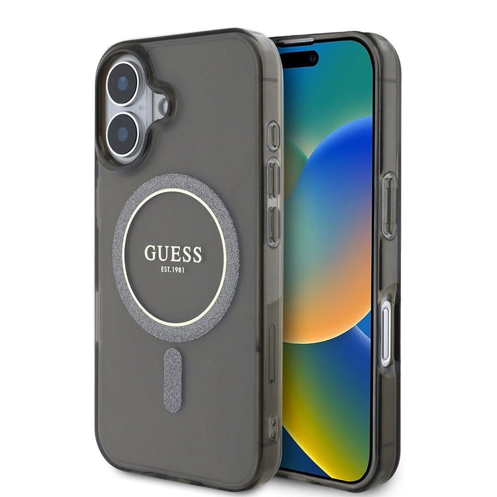 Husa de protectie Guess IML Glitter Circle MagSafe (GUHMP16SHFGEREK) compatibil cu iPhone 16, Negru