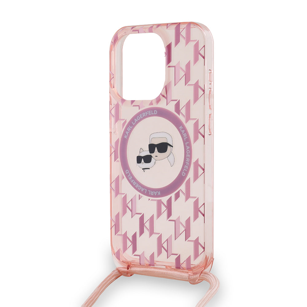 Husa de protectie Karl Lagerfeld IML Crossbody MagSafe (KLHMP15LHCKCKLCP) compatibil cu iPhone 15 Pro, Roz Monogram Karl&Choupette Head