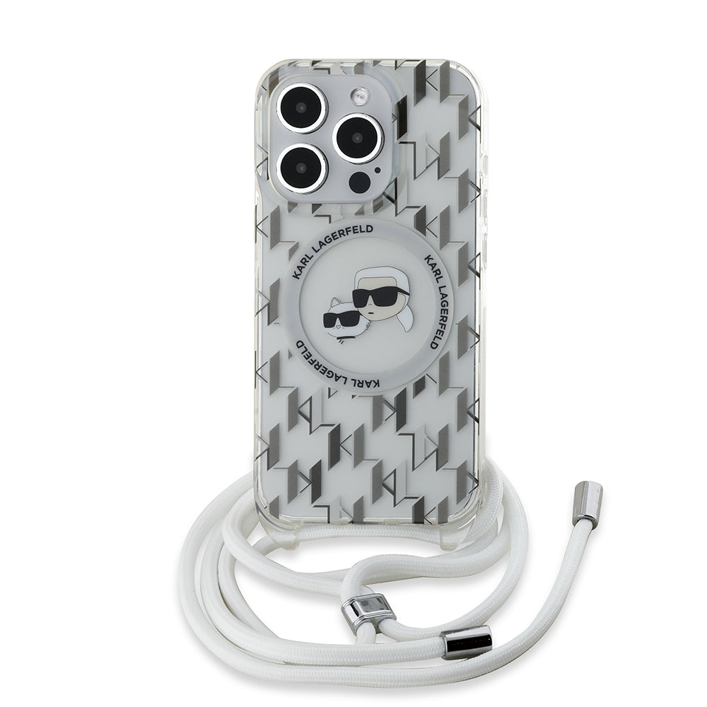 Husa de protectie Karl Lagerfeld IML Crossbody MagSafe (KLHMP15LHCKCKLCT) compatibil cu iPhone 15 Pro, Transparent Monogram Karl&Choupette Head