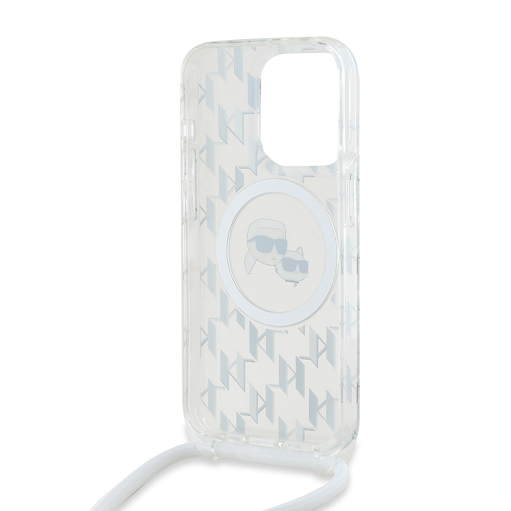Husa de protectie Karl Lagerfeld IML Crossbody MagSafe (KLHMP15LHCKCKLCT) compatibil cu iPhone 15 Pro, Transparent Monogram Karl&Choupette Head