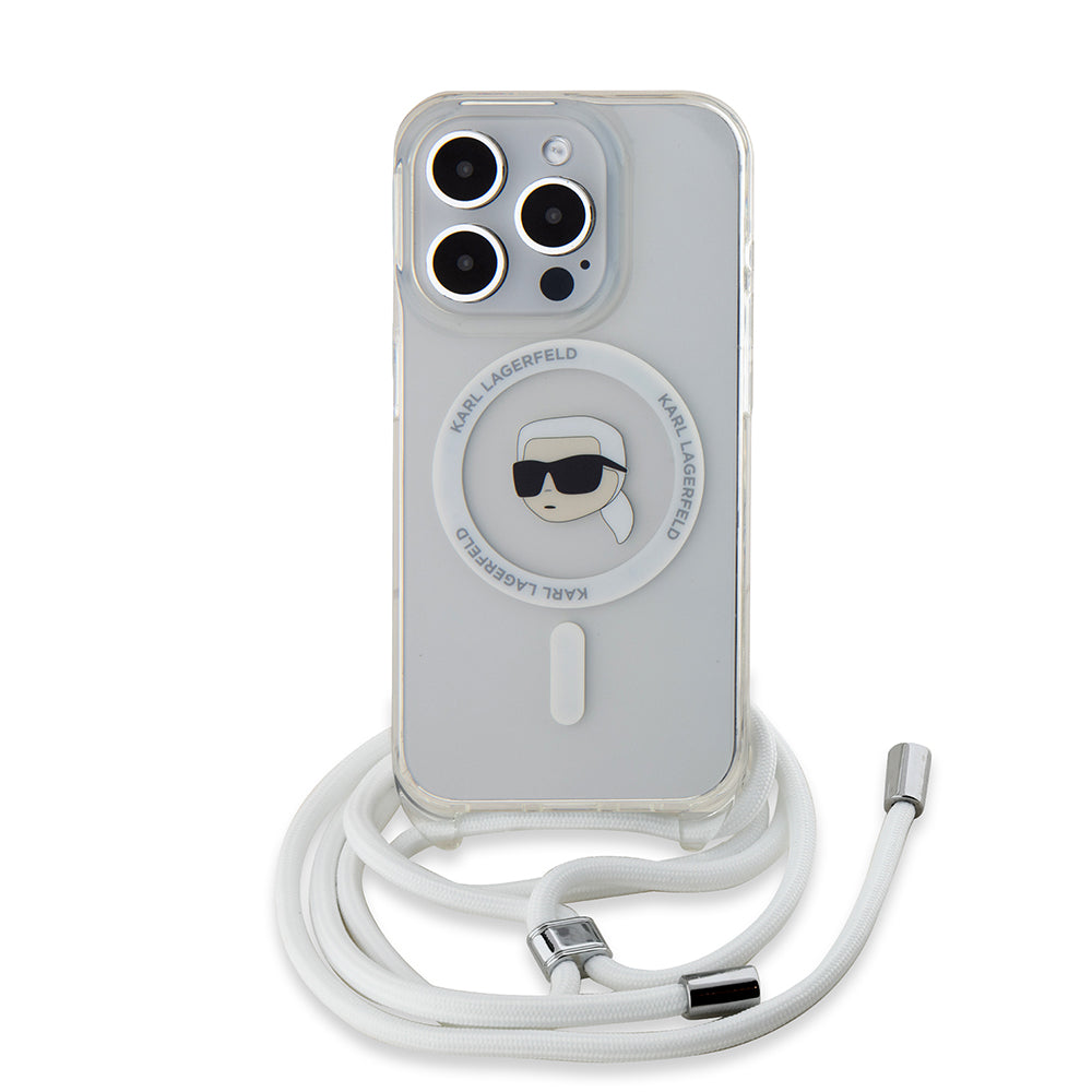 Husa de protectie Karl Lagerfeld IML Crossbody MagSafe (KLHMP15LHCKHNT) compatibil cu iPhone 15 Pro, Transparent Karl Head