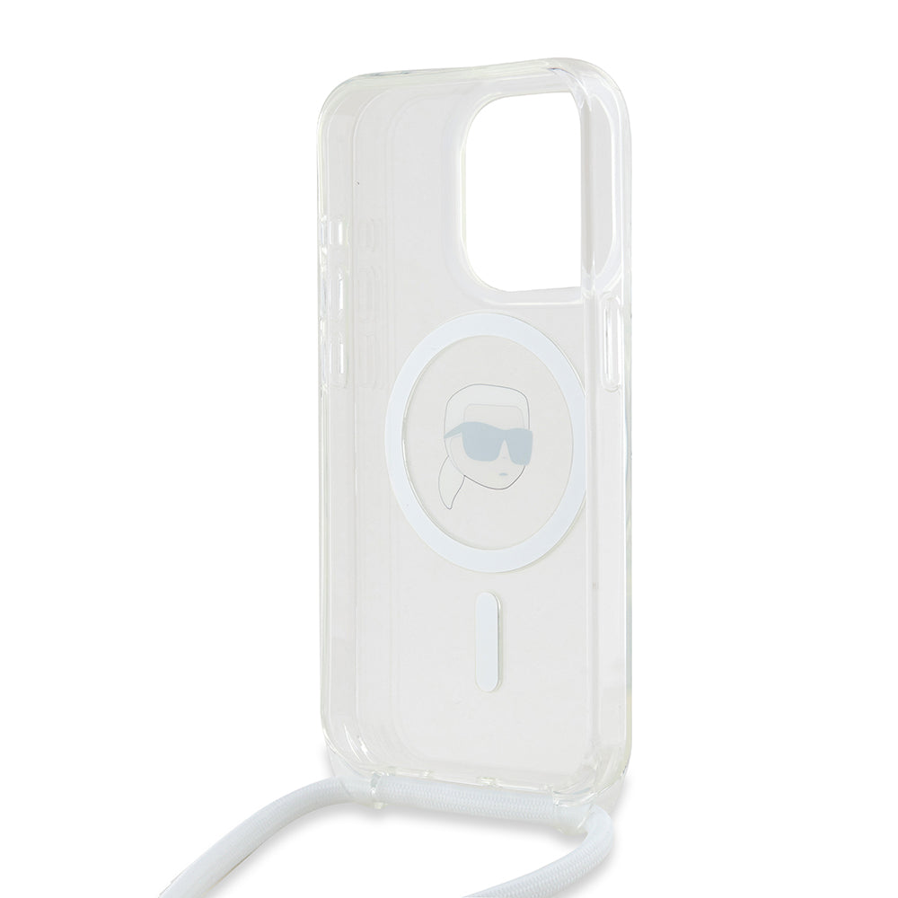 Husa de protectie Karl Lagerfeld IML Crossbody MagSafe (KLHMP15LHCKHNT) compatibil cu iPhone 15 Pro, Transparent Karl Head